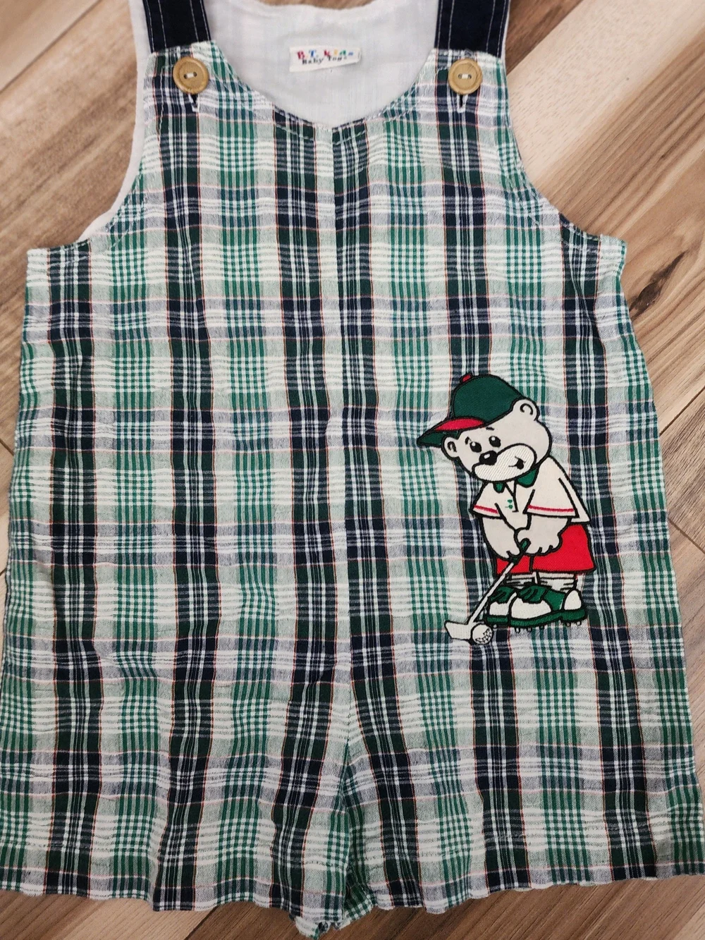 Vintage B.T. Kids Baby Toys Plaid Golf Bear Romper 1990s Y2K